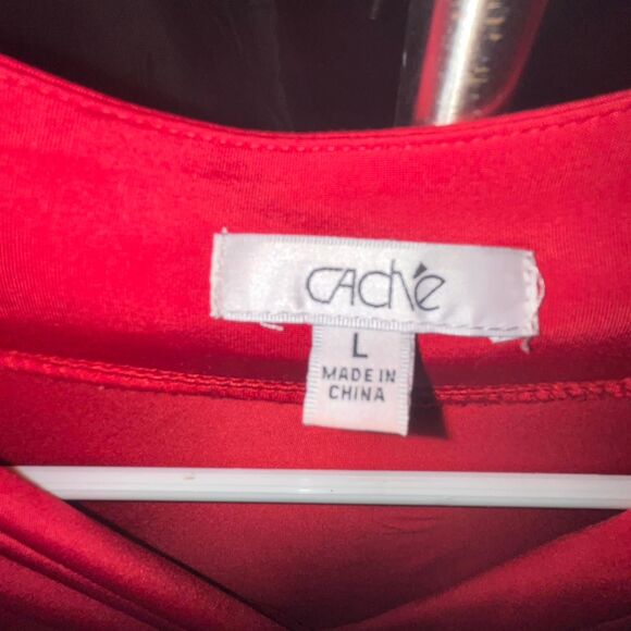 Cache Red Hot Satin Look Plunging Scoop Neckline Blouse w/ tie Sz L - Picture 2 of 3